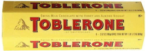Toblerone Swiss Milk Chocolate w/ Honey & Almond Nougat 1 pack 6 bars-3.52 oz. (100g)