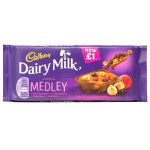 Cadbury Dairy Milk Medley | Milk Chocolate with Dark Chocolate Chips, Caramalised Hazelnuts and Raspberry Pieces | 93g Bar | 15 Bars