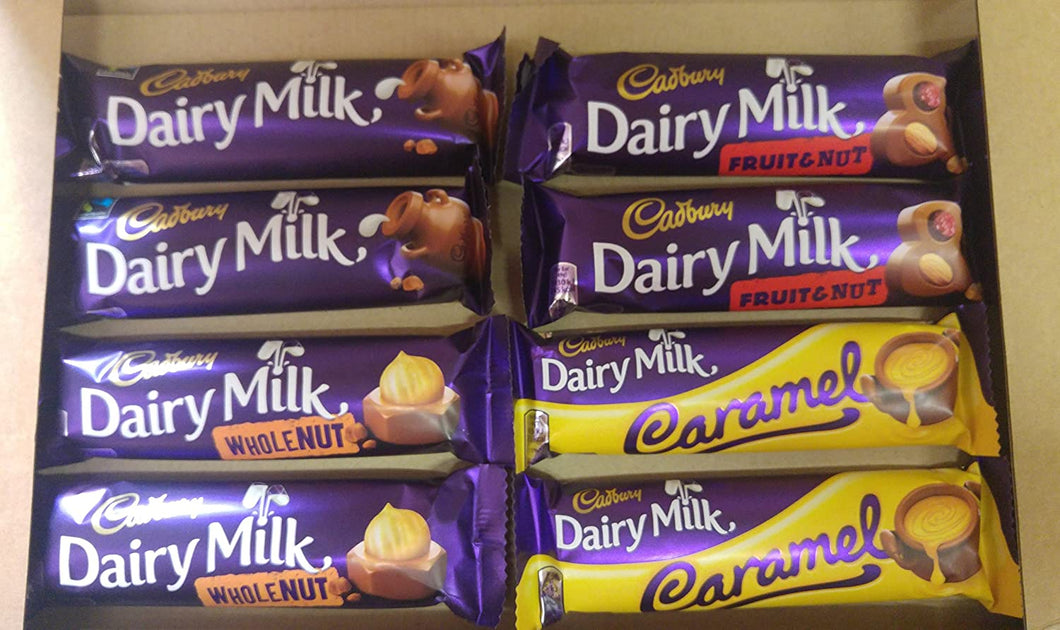 Cadbury Dairy Milk Selection - 8 Bars (2x Dairy Milk, Fruit & Nut, Whole Nut & Caramel)